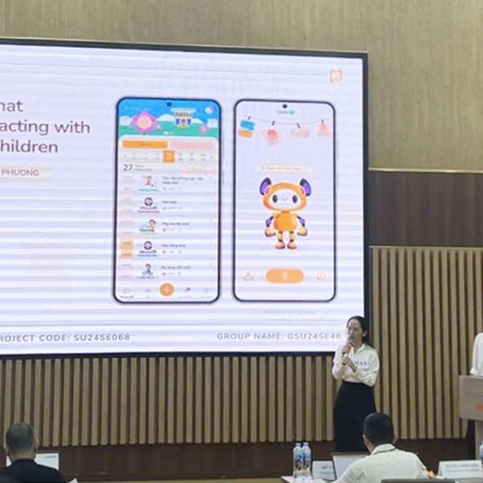 Speaker presenting a slide showing a mobile app interface with a list view on one phone screen and a cartoon animal character on the other.