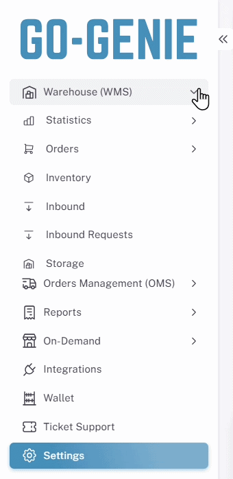 Sidebar menu of Go-Genie with sections: Warehouse (WMS), Orders Management (OMS) expanded to show Dashboard, Orders, Assign, My Partners, Drivers, Reports, On-Demand, Integrations, Wallet highlighted, Ticket Support, and Settings.