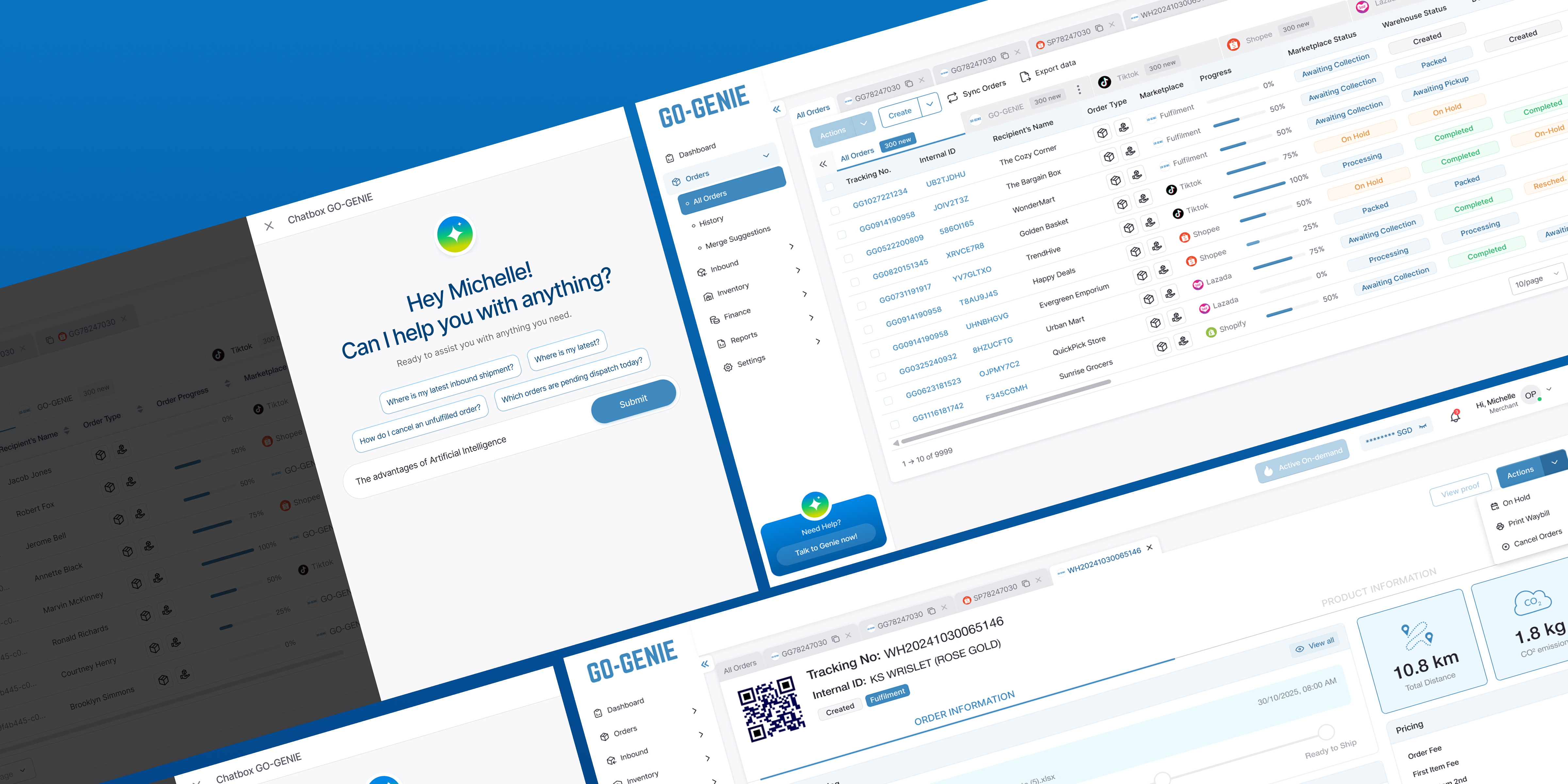 Dashboard of Go-Genie software showing order management interface with chatbot greeting user and detailed order tracking information.