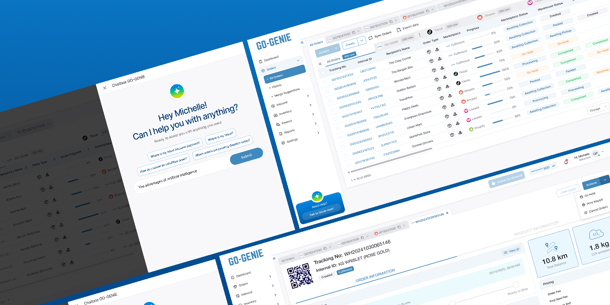 Dashboard of Go-Genie software showing order management interface with chatbot greeting user and detailed order tracking information.