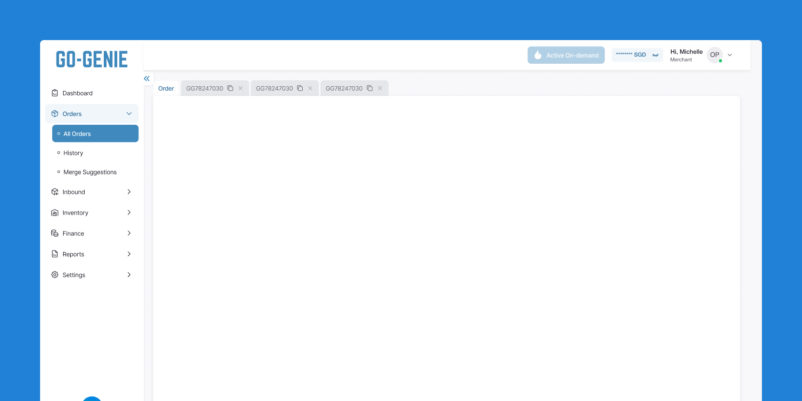 Dashboard interface of GO-GENIE software showing navigation menu with sections for Orders, Inbound, Inventory, Finance, Reports, and Settings, with Orders > All Orders selected.