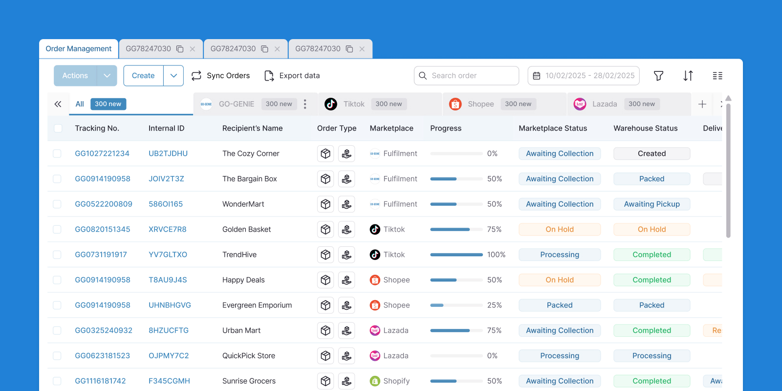 Order management dashboard displaying tracking numbers, internal IDs, recipient names, order types, marketplaces, progress bars, marketplace statuses, and warehouse statuses for multiple orders.