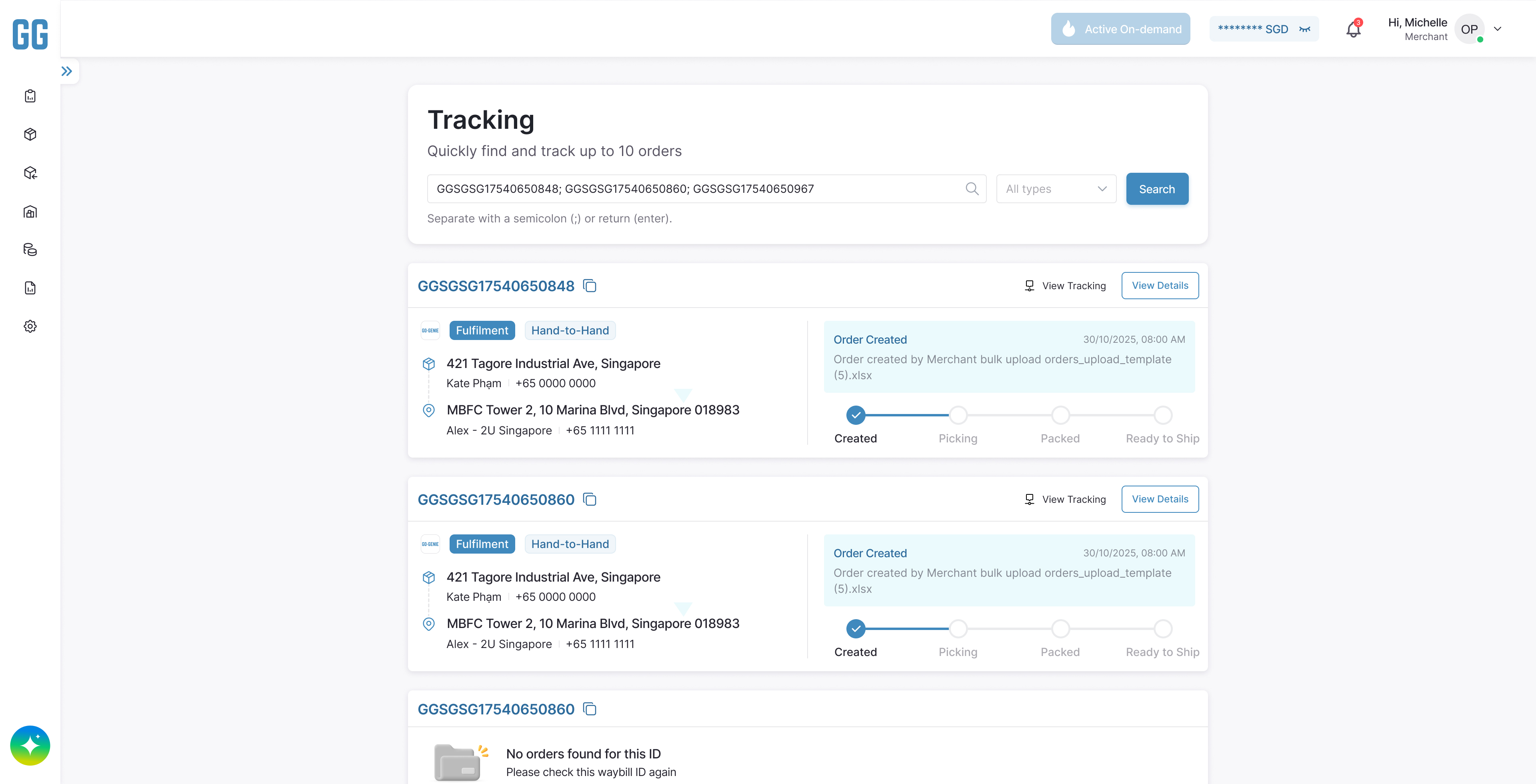 Order tracking interface showing search for up to 10 orders with details for two orders including addresses in Singapore, contact names and numbers, order status as Created, and notification of no orders found for a specific ID.