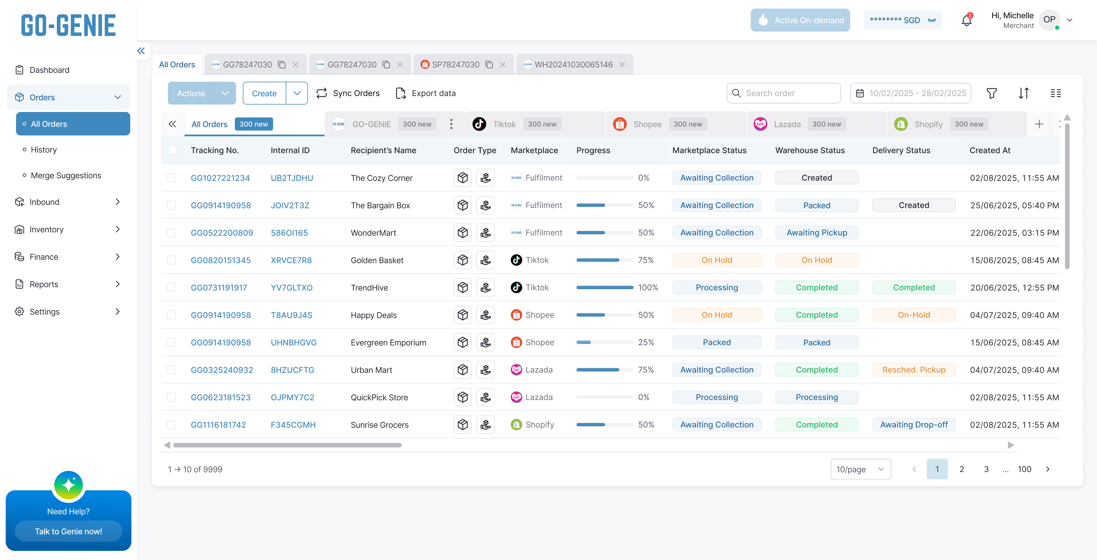 GO-GENIE order management dashboard showing order details, marketplace status, warehouse and delivery status, progress bars, and filters.