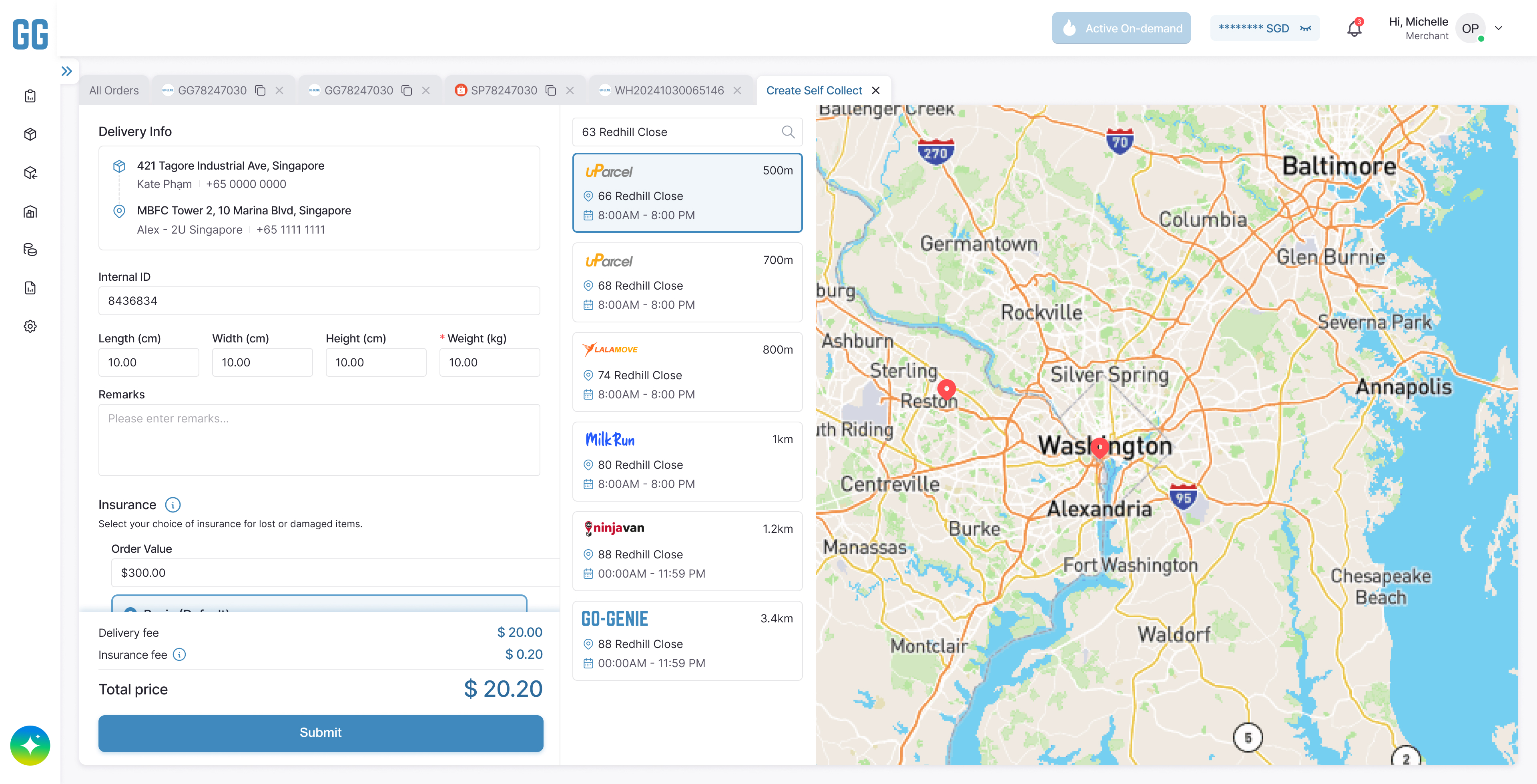 Delivery order form with sender and receiver addresses, package dimensions, insurance option, total price, and a map showing locations around Washington, DC.