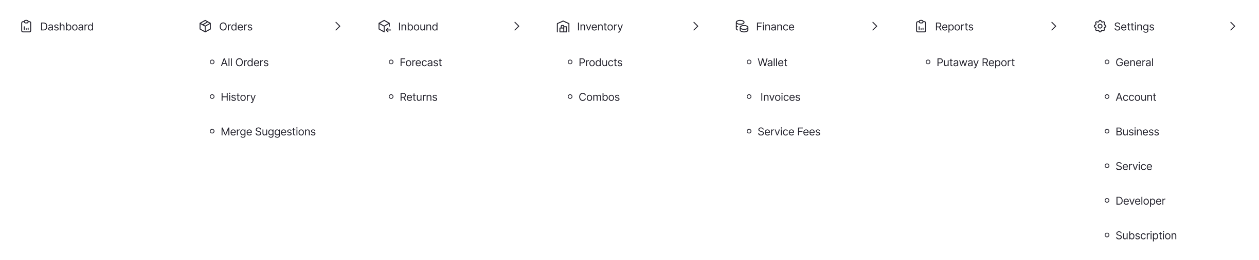 Website navigation menu with sections: Dashboard, Orders with subitems All Orders, History, Merge Suggestions; Inbound with Forecast and Returns; Inventory with Products and Combos; Finance with Wallet, Invoices, Service Fees; Reports with Putaway Report; Settings with General, Account, Business, Service, Developer, Subscription.