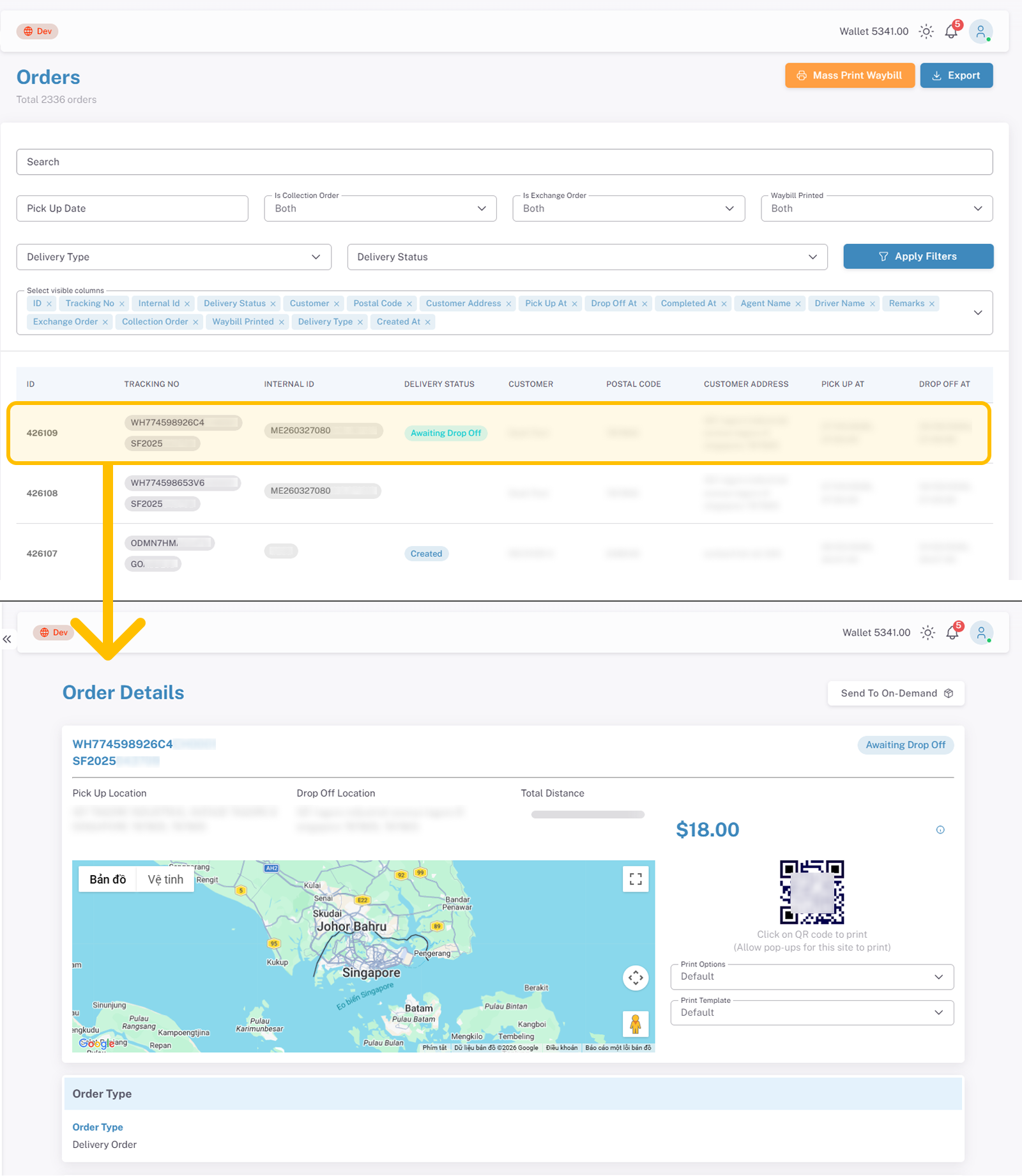 Dashboard showing an orders list with filters and a selected order highlighting details including tracking number, delivery status 'Awaiting Drop Off', customer info, and a map of the delivery route.