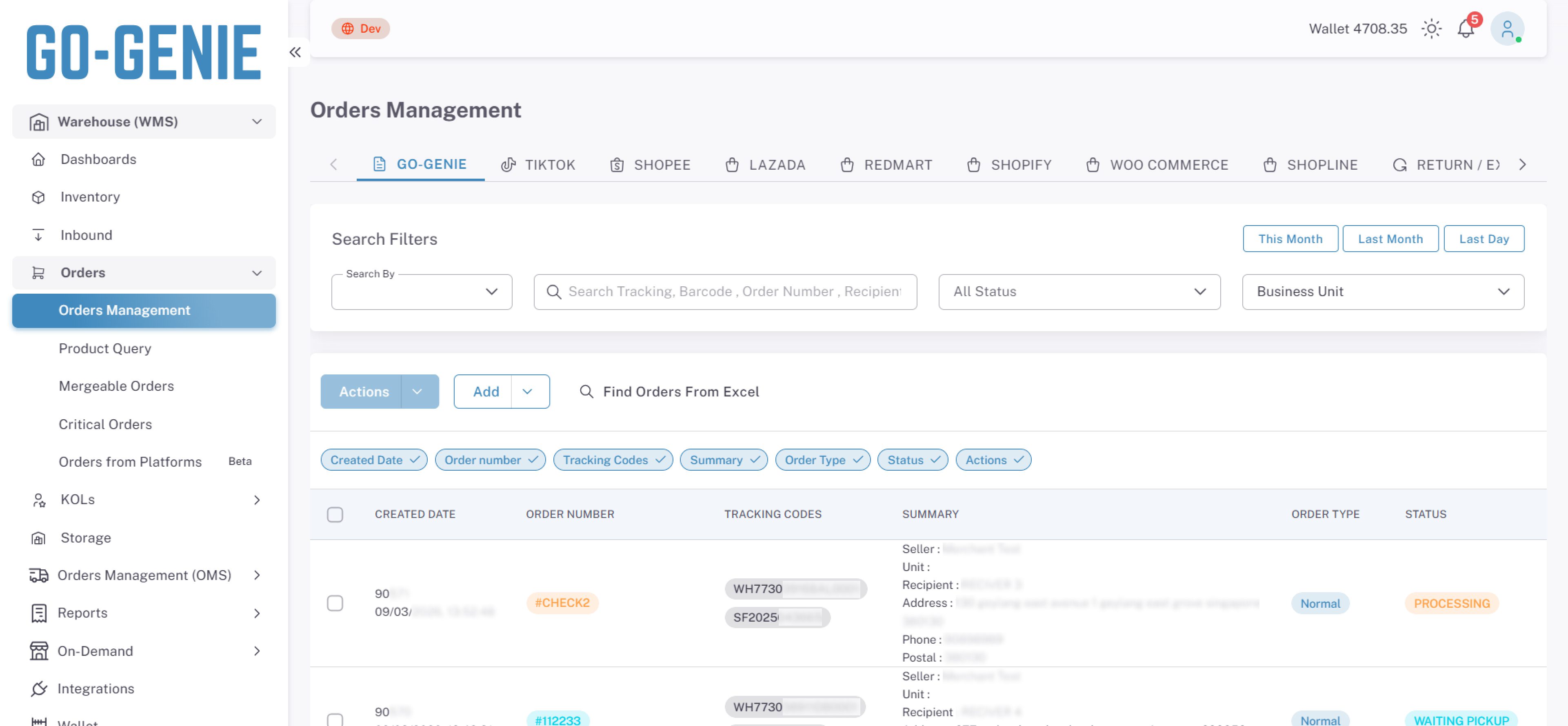 Go-Genie warehouse management system interface displaying orders management with filters, order list showing created date, order number, tracking codes, summary, order type, and status.