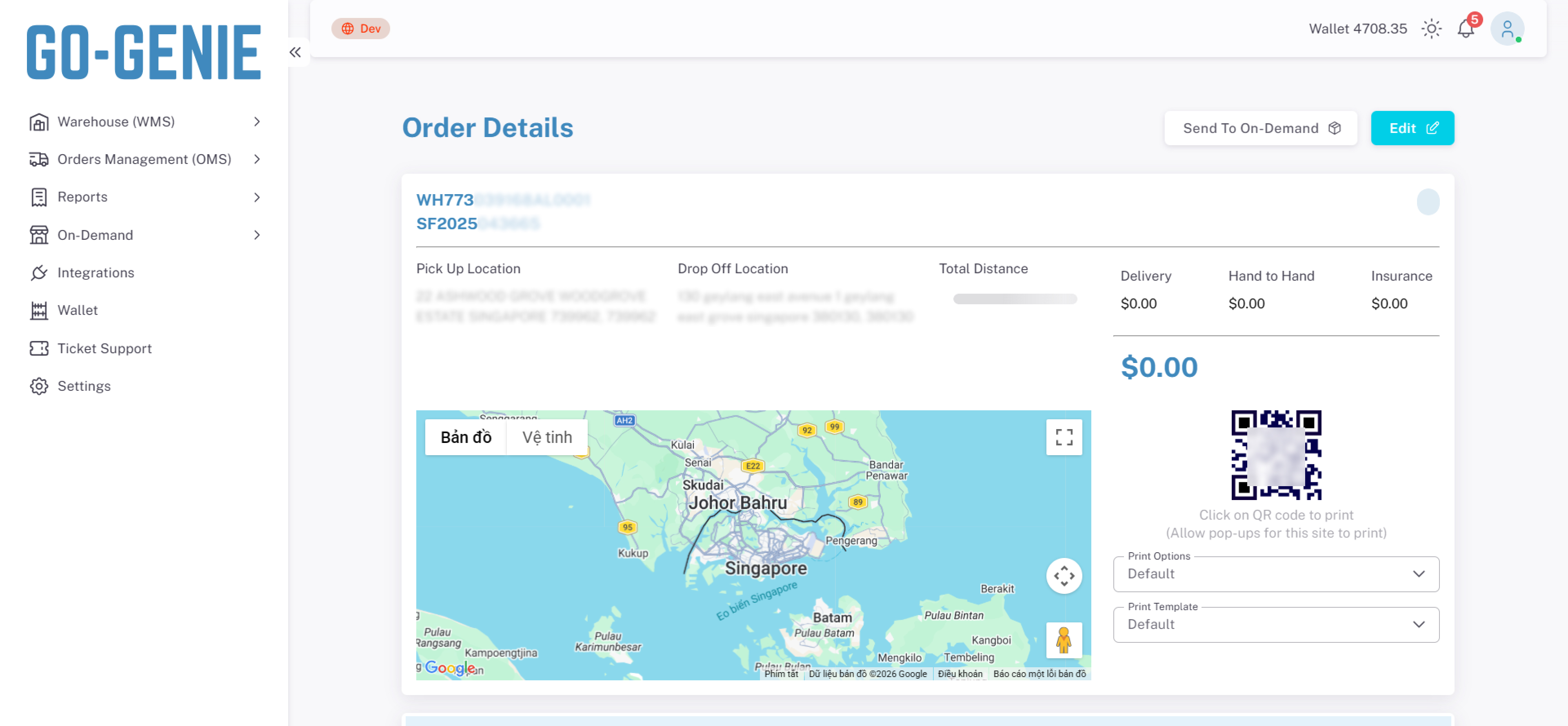 Go-Genie order details page showing pick-up and drop-off locations with a map centered around Singapore and Johor Bahru, order cost summary, and QR code for printing.