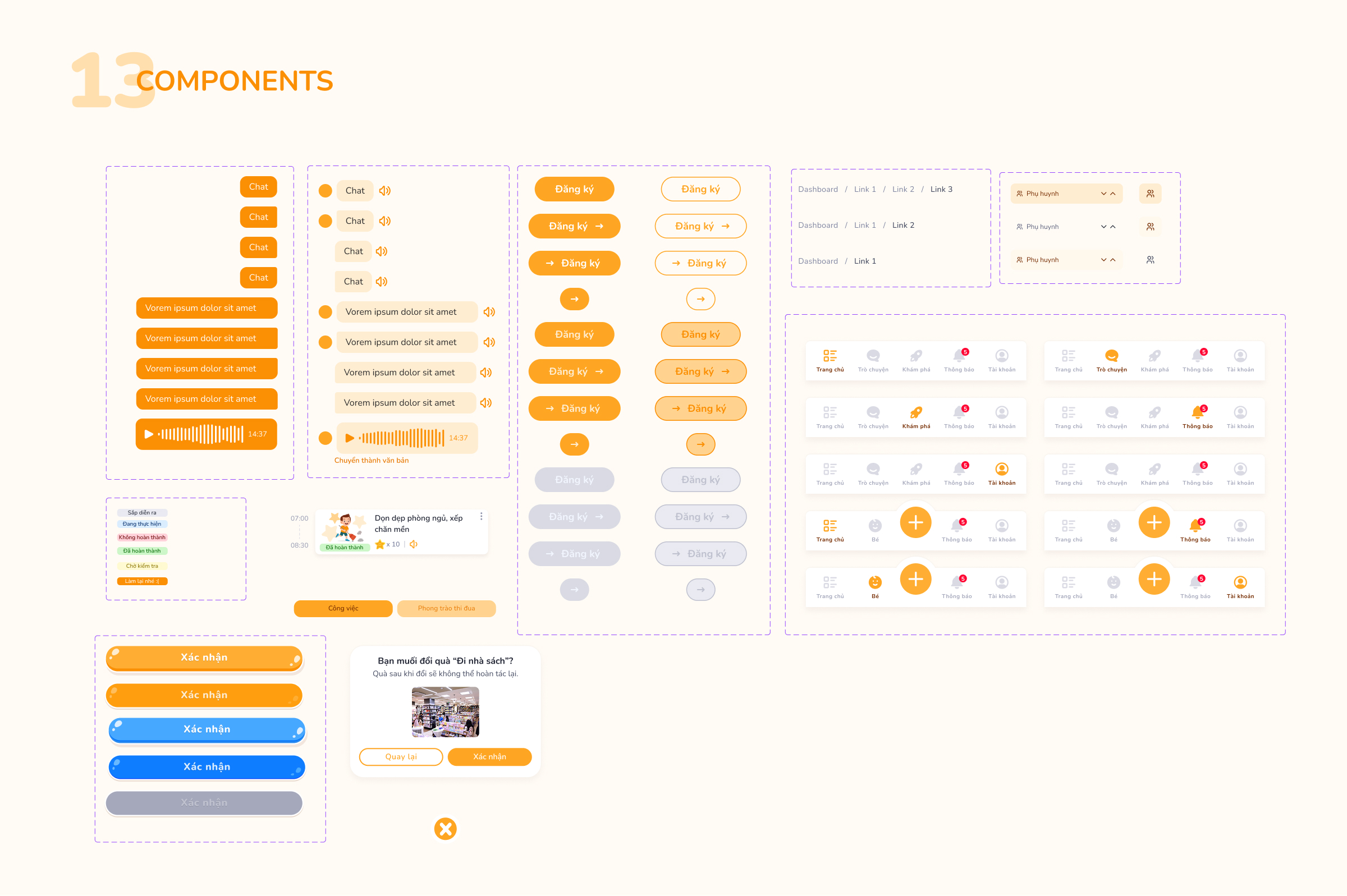 UI components design layout featuring orange and blue buttons, chat elements, audio controls, navigation menus, status tags, and confirmation dialog boxes with Vietnamese text.