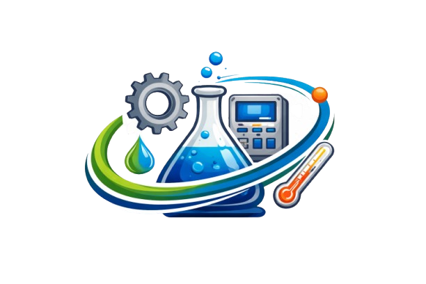 Illustration of a blue liquid-filled conical flask with bubbles, a gray gear, a calculator, a green droplet, a thermometer, and orbit-like swooshes encircling the objects.