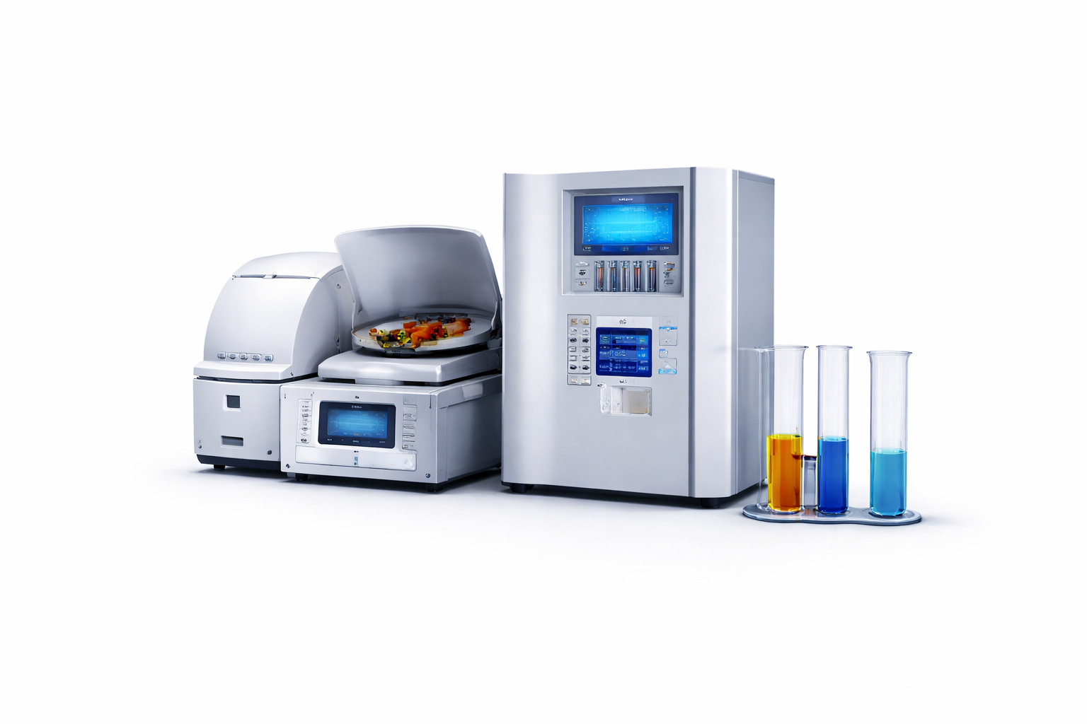 Laboratory analyzer machine with digital screens and an open sample compartment, next to a rack holding three test tubes with yellow, dark blue, and light blue liquids.