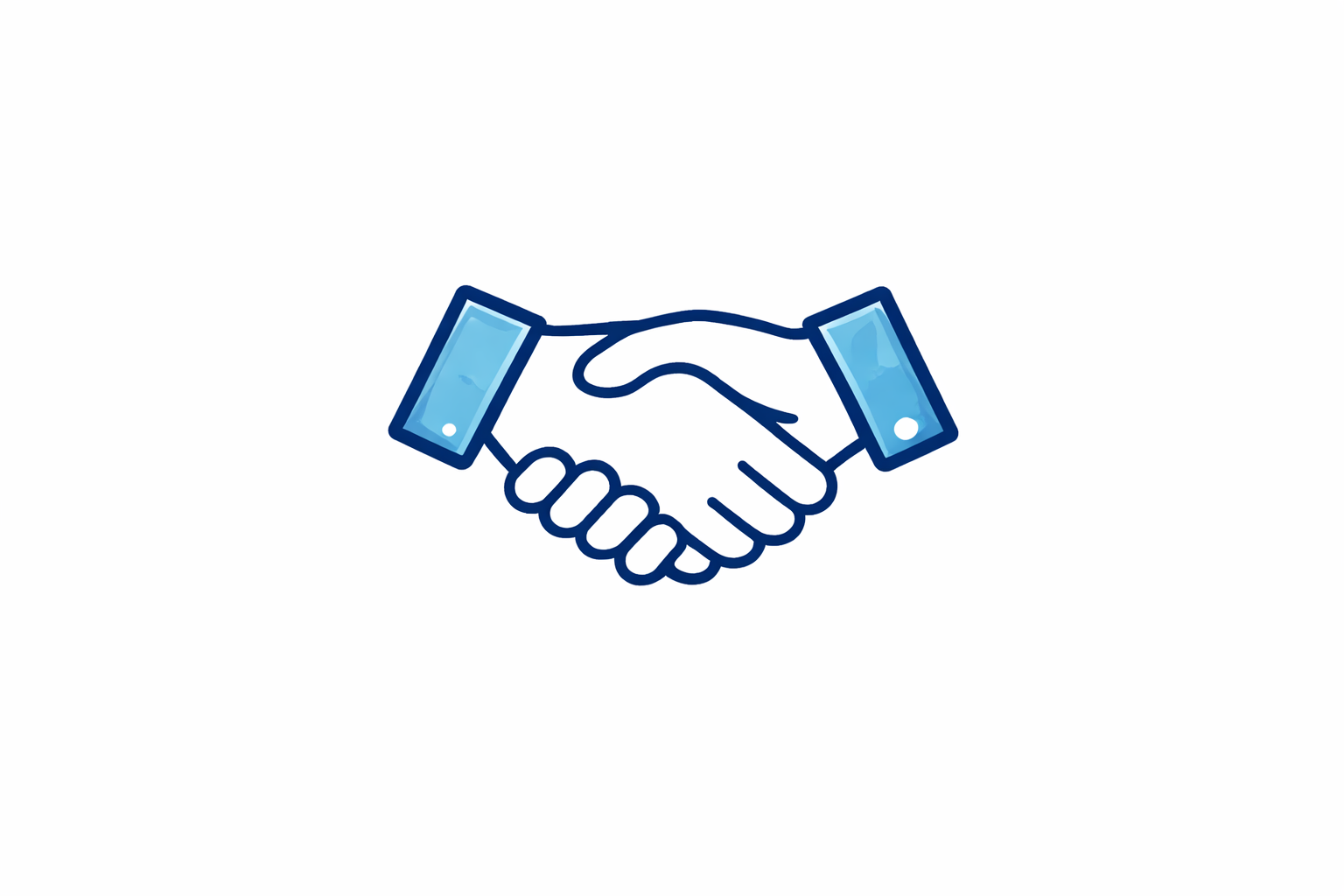 Simple blue icon of two hands shaking in a handshake.