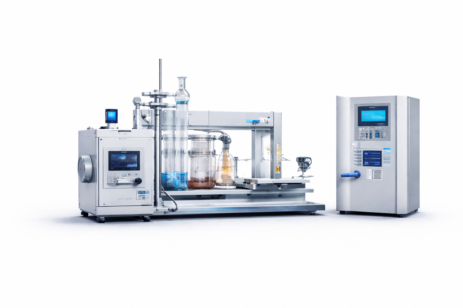 Advanced laboratory equipment with digital screens and multiple glass containers for scientific analysis.