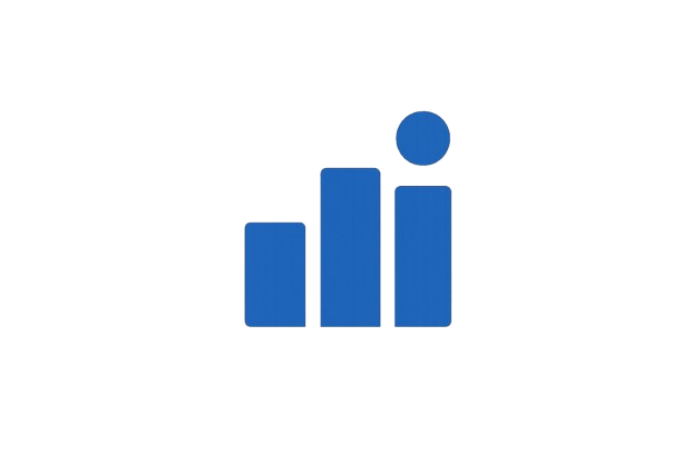 Blue bar chart with three vertical bars of increasing height, the highest bar topped with a blue circle.