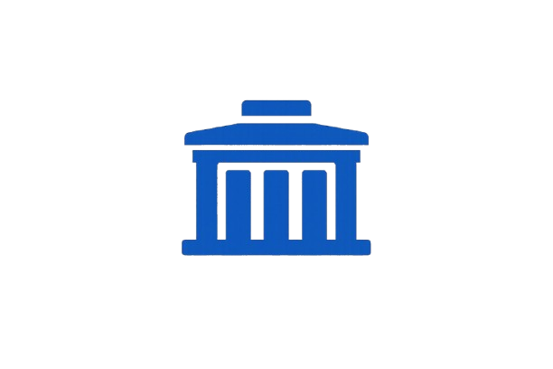 Blue icon of a classical building with columns representing a bank or institution.