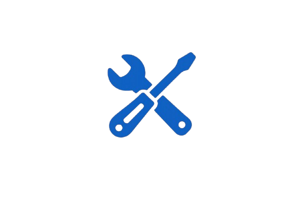 Blue crossed wrench and screwdriver icon on black background representing tools or settings.