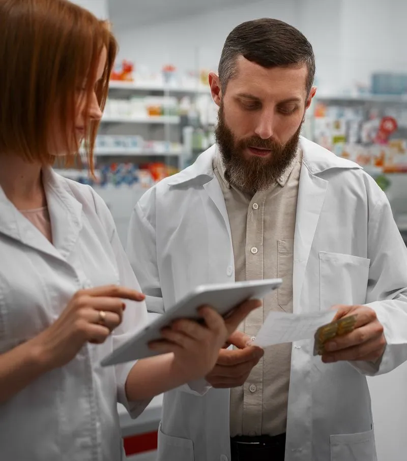 Two pharmacists in white lab coats reviewing medication and information on a tablet in a pharmacy.