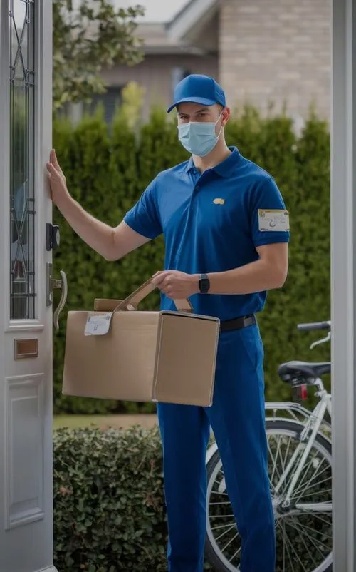 Delivery man in blue uniform and face mask holding a cardboard box and standing at a front door.