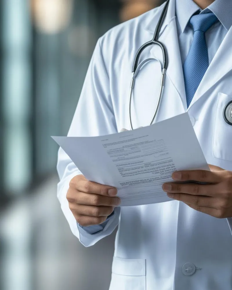 Doctor wearing a white coat and blue tie holds and reads a medical document with a stethoscope around the neck.