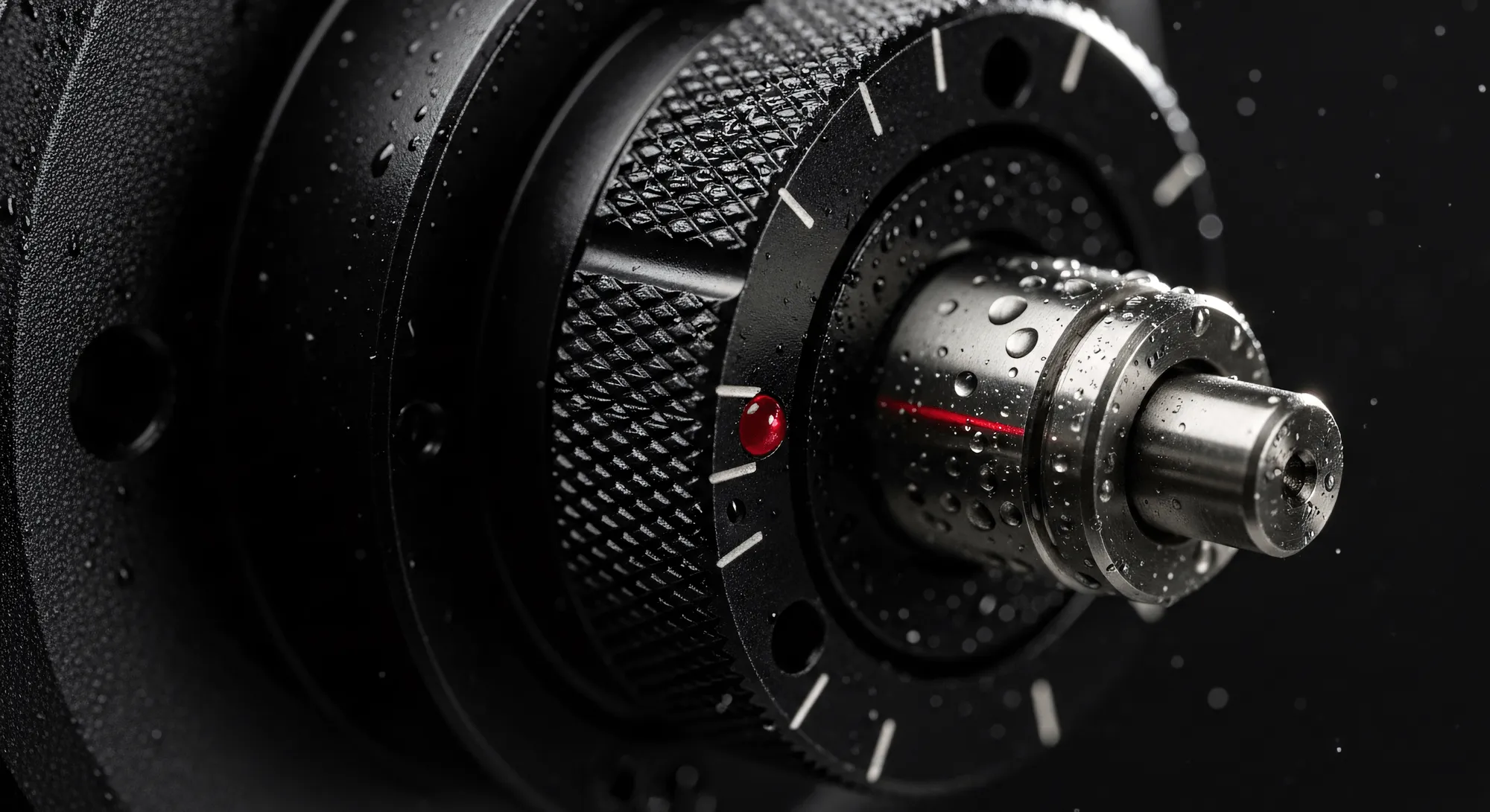 Close-up of a wet metallic dial with textured grip and red indicator on a black background.