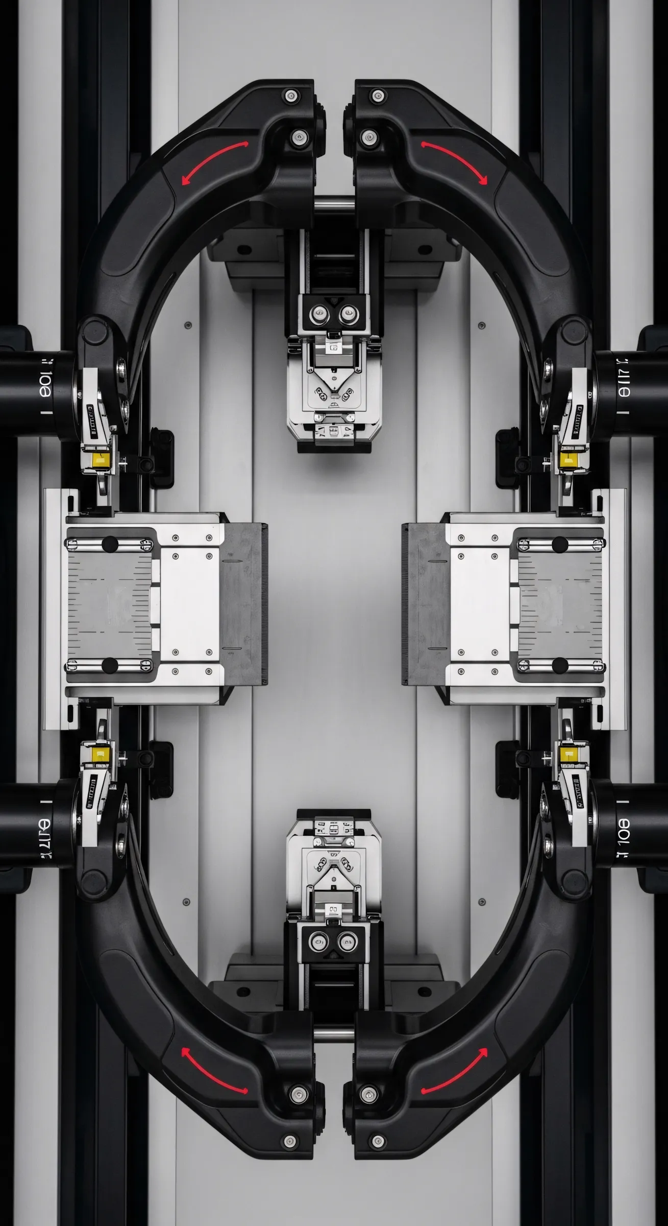 Top view of a symmetrical industrial machine with black curved mechanical arms featuring red arrows and metallic components on a gray background.