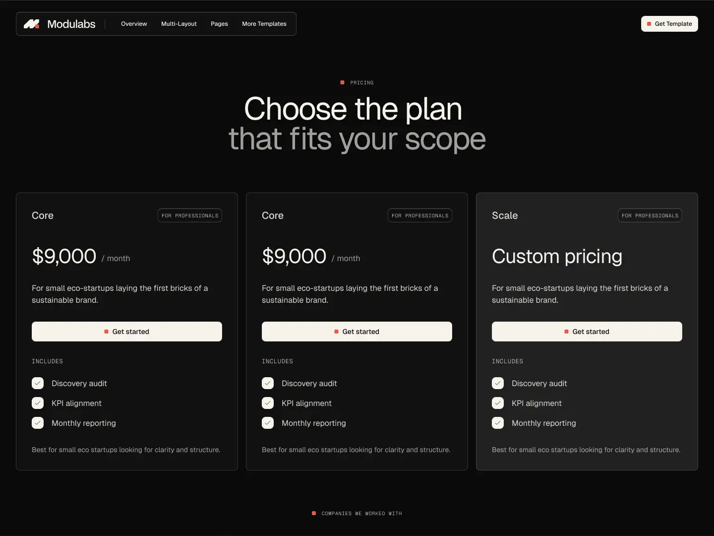 Modulabs pricing plans showing Core at $9,000/month and Scale with custom pricing, each including discovery audit, KPI alignment, and monthly reporting for small eco-startups.