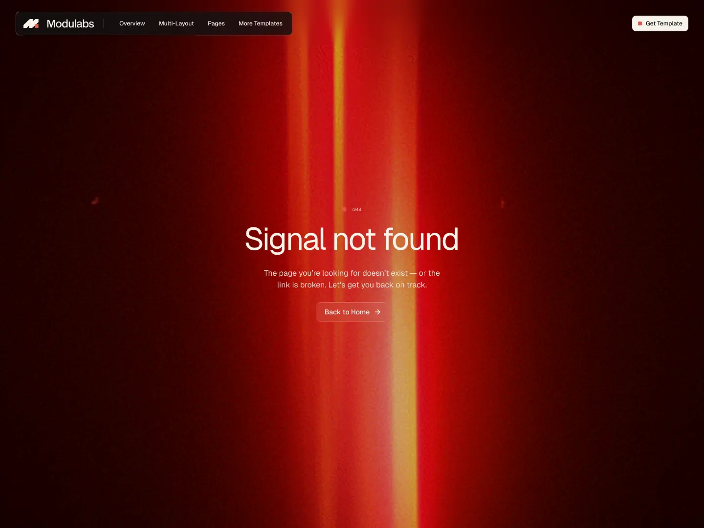 404 error page with red and orange vertical light streaks and message 'Signal not found' with a button labeled 'Back to Home'.