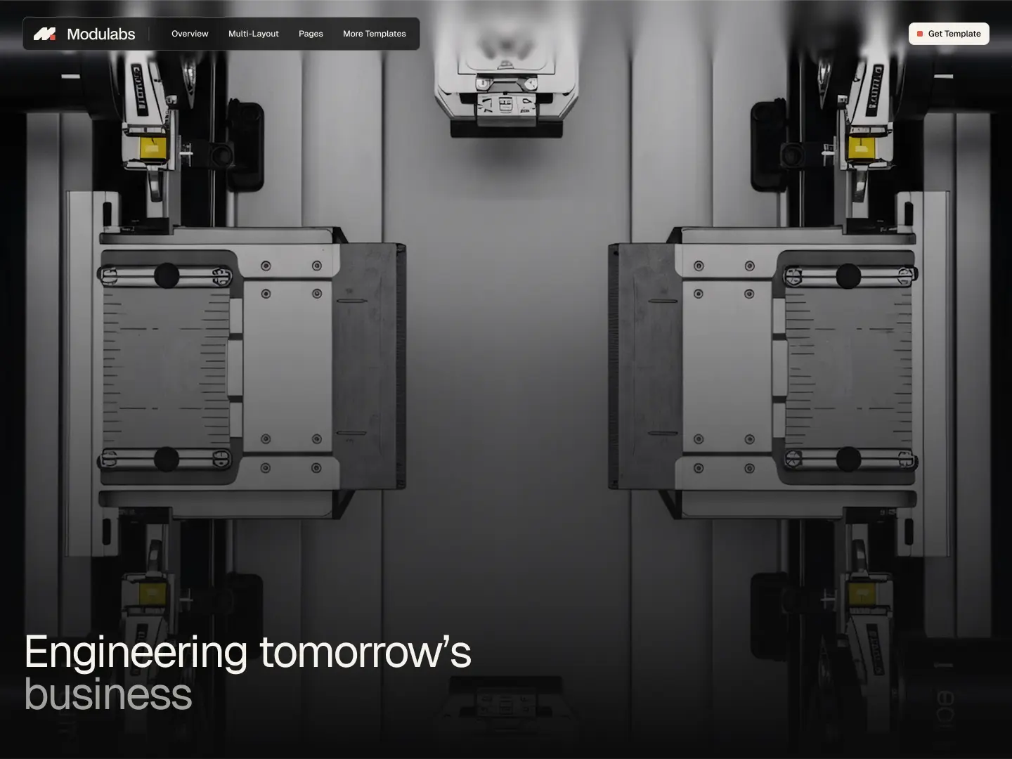 Top-down view of symmetrical industrial machinery with the text 'Engineering tomorrow’s business'.