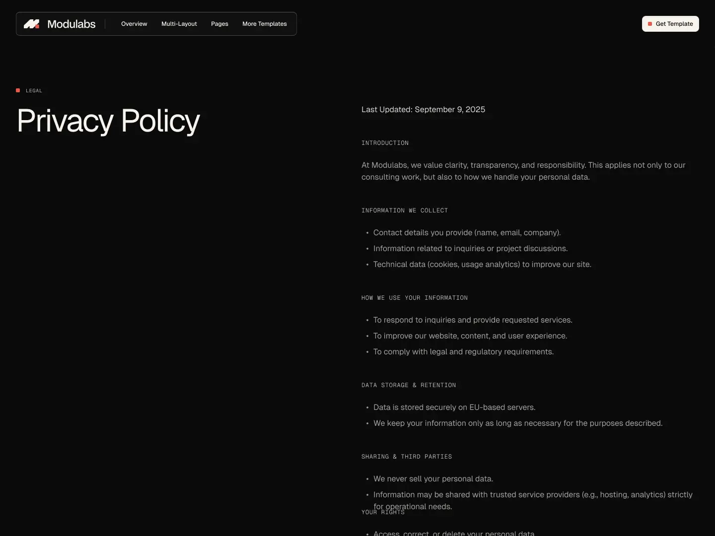 Privacy Policy page of Modulabs website showing sections on introduction, information collected, how information is used, data storage and retention, and sharing with third parties, last updated September 9, 2025.