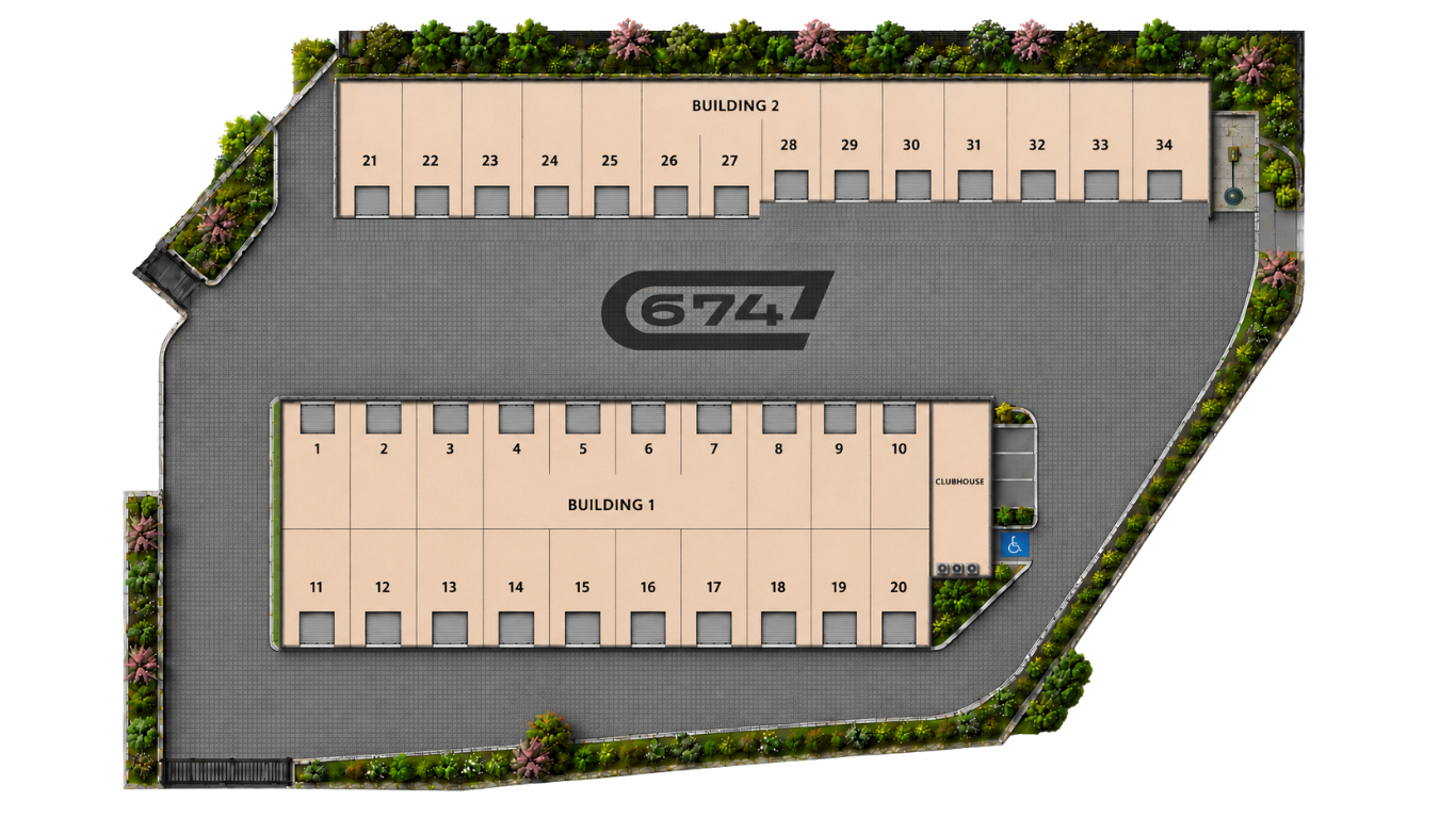 Layout of two warehouse buildings numbered 1 to 34 with parking, surrounded by greenery.