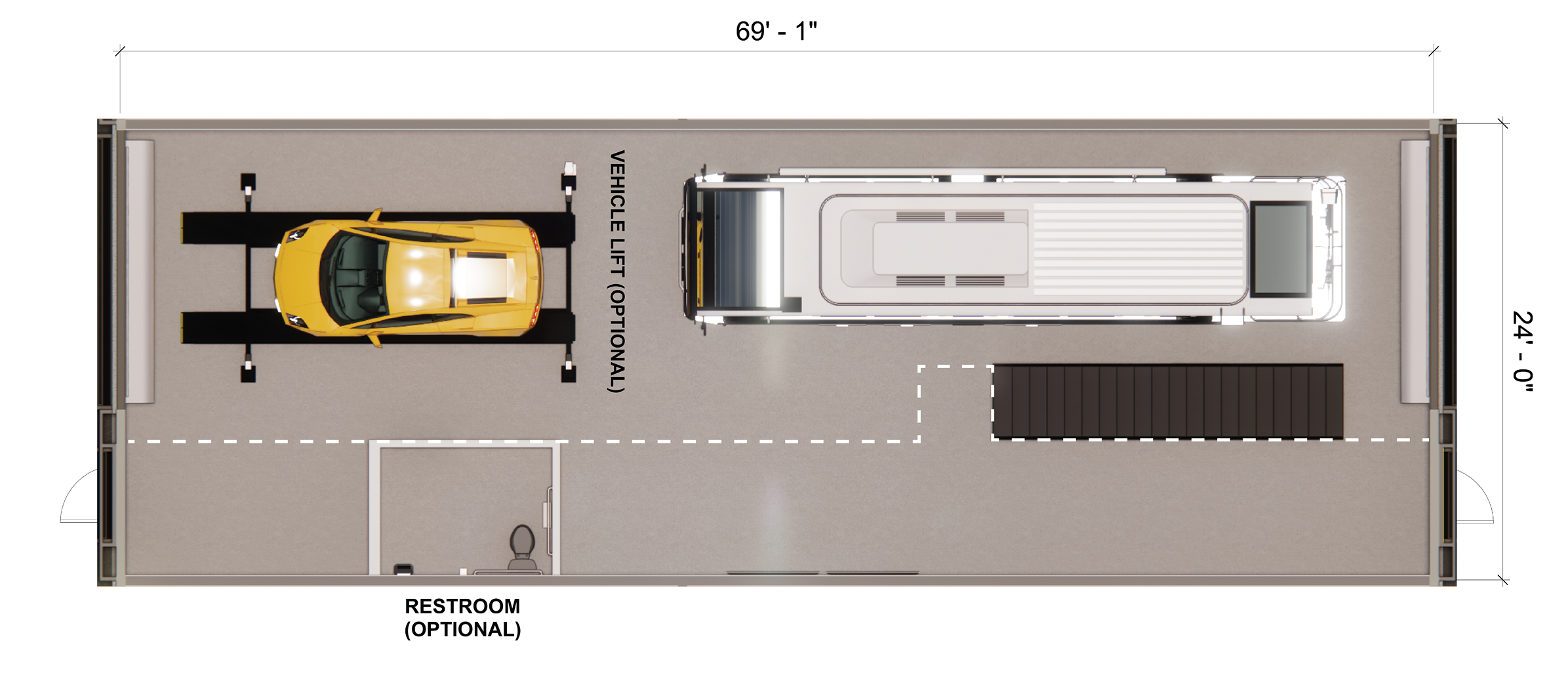 Floor plan of garage with yellow car on vehicle lift, space for bus, staircase, and optional restroom.