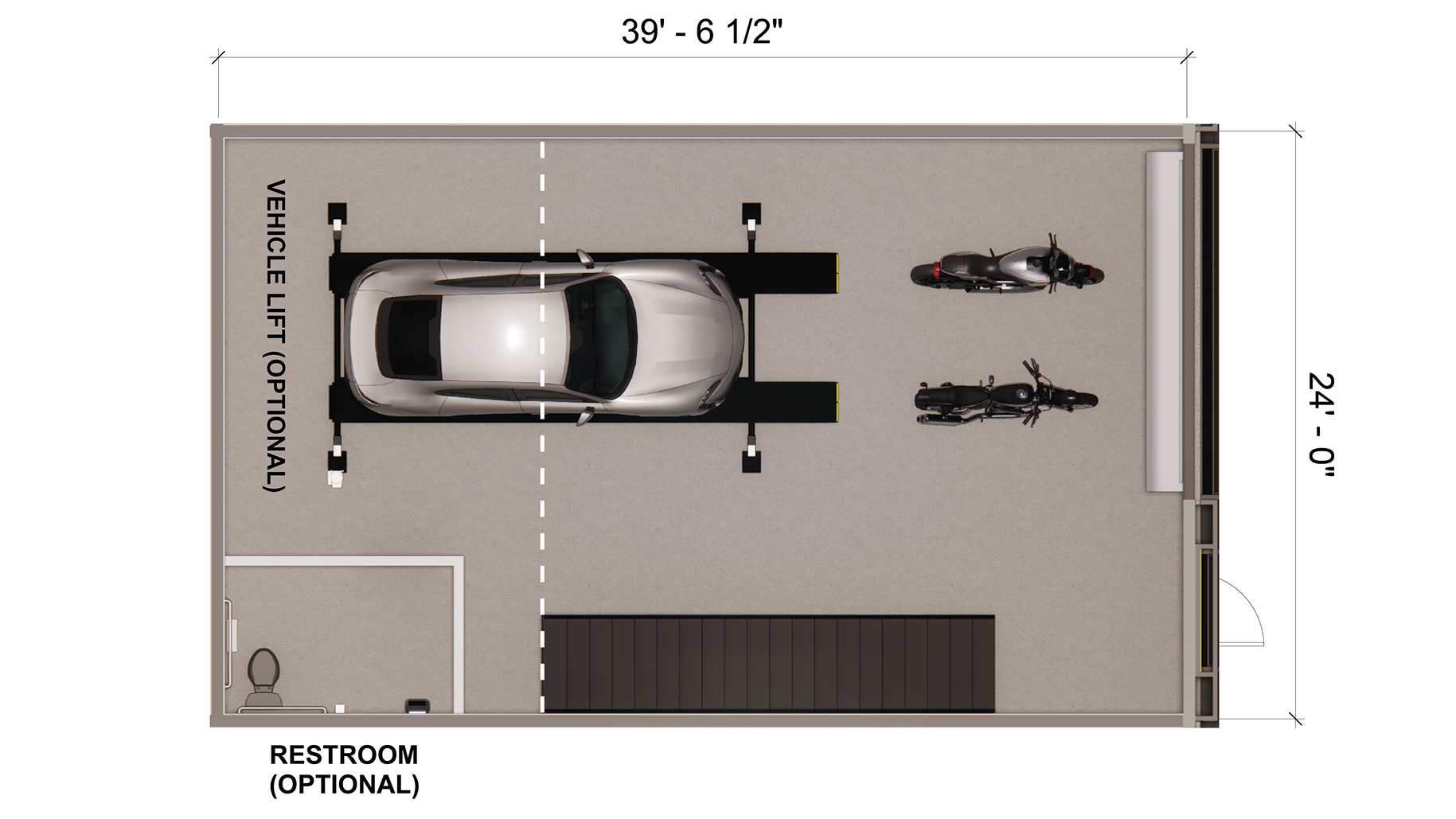 Garage floor plan with car on a vehicle lift, two motorcycles, optional restroom, and staircase.