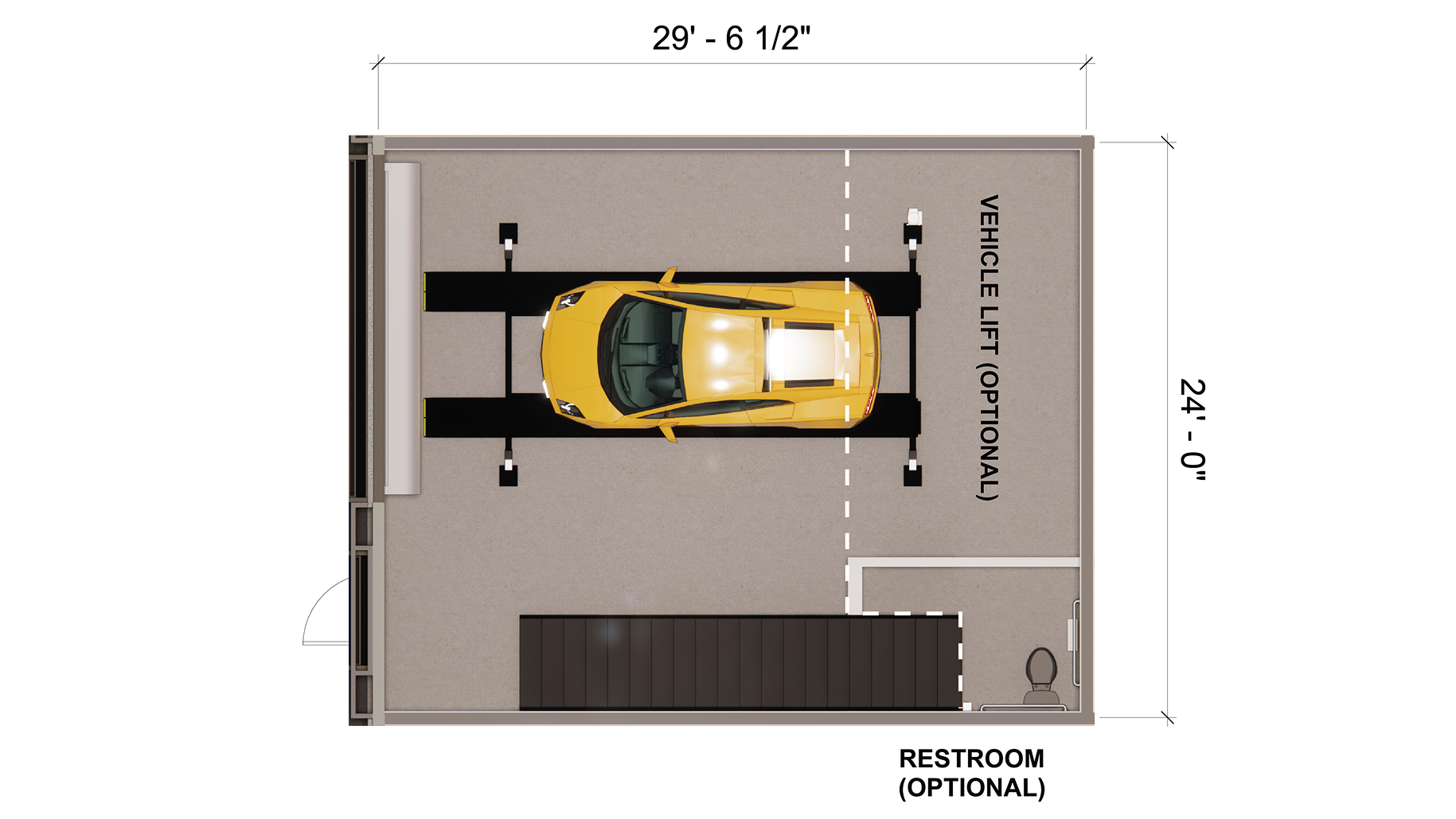Floor plan of a garage with a yellow car on a vehicle lift and an optional restroom in the corner.