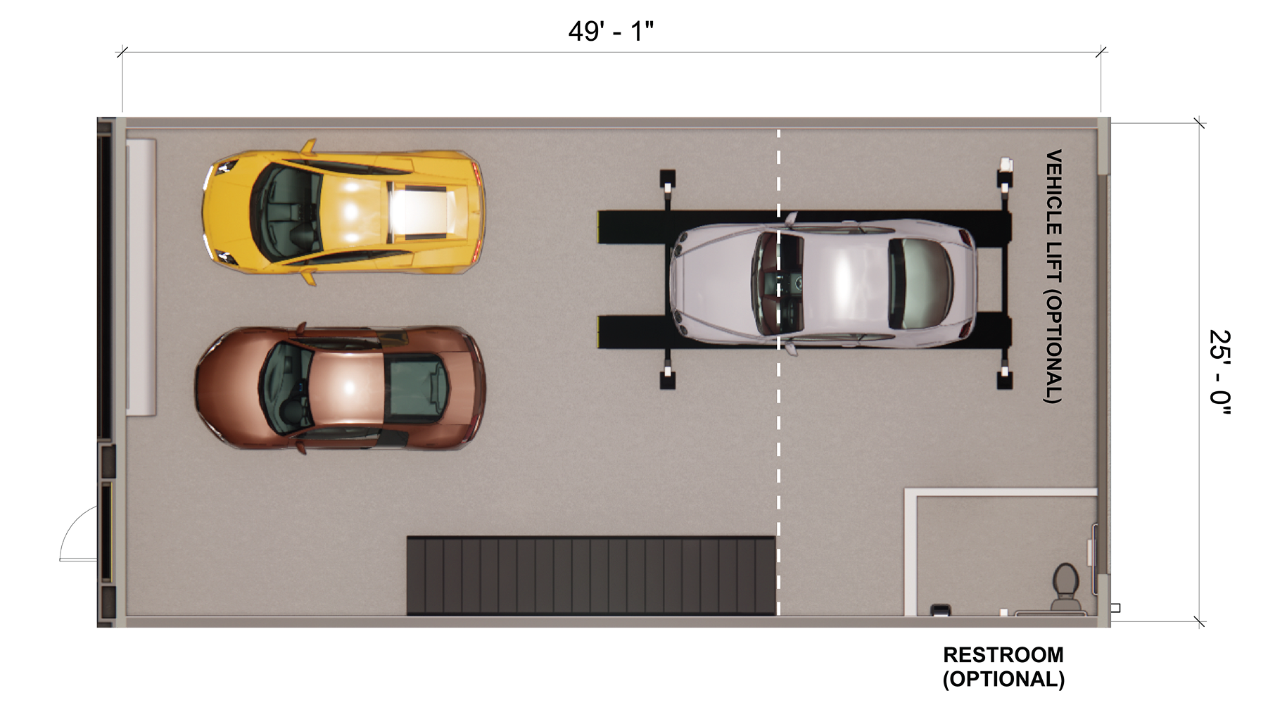 Top-down garage plan with three cars, vehicle lift, optional restroom, and dimensions 49'1" by 25'0".