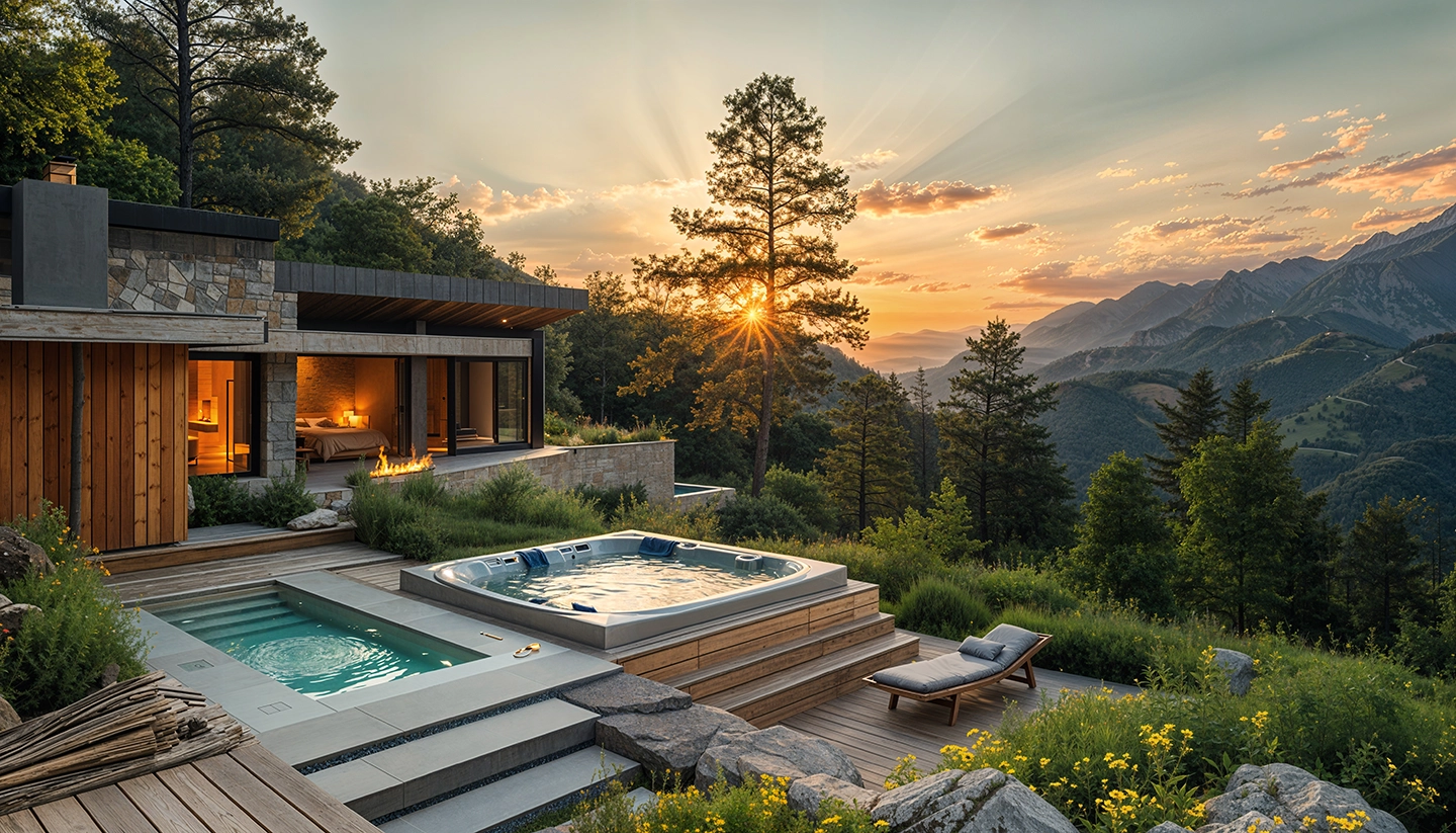 Modern cabin vacation rental with hot tub, pool, and lounge chair overlooking forested mountains at sunset.