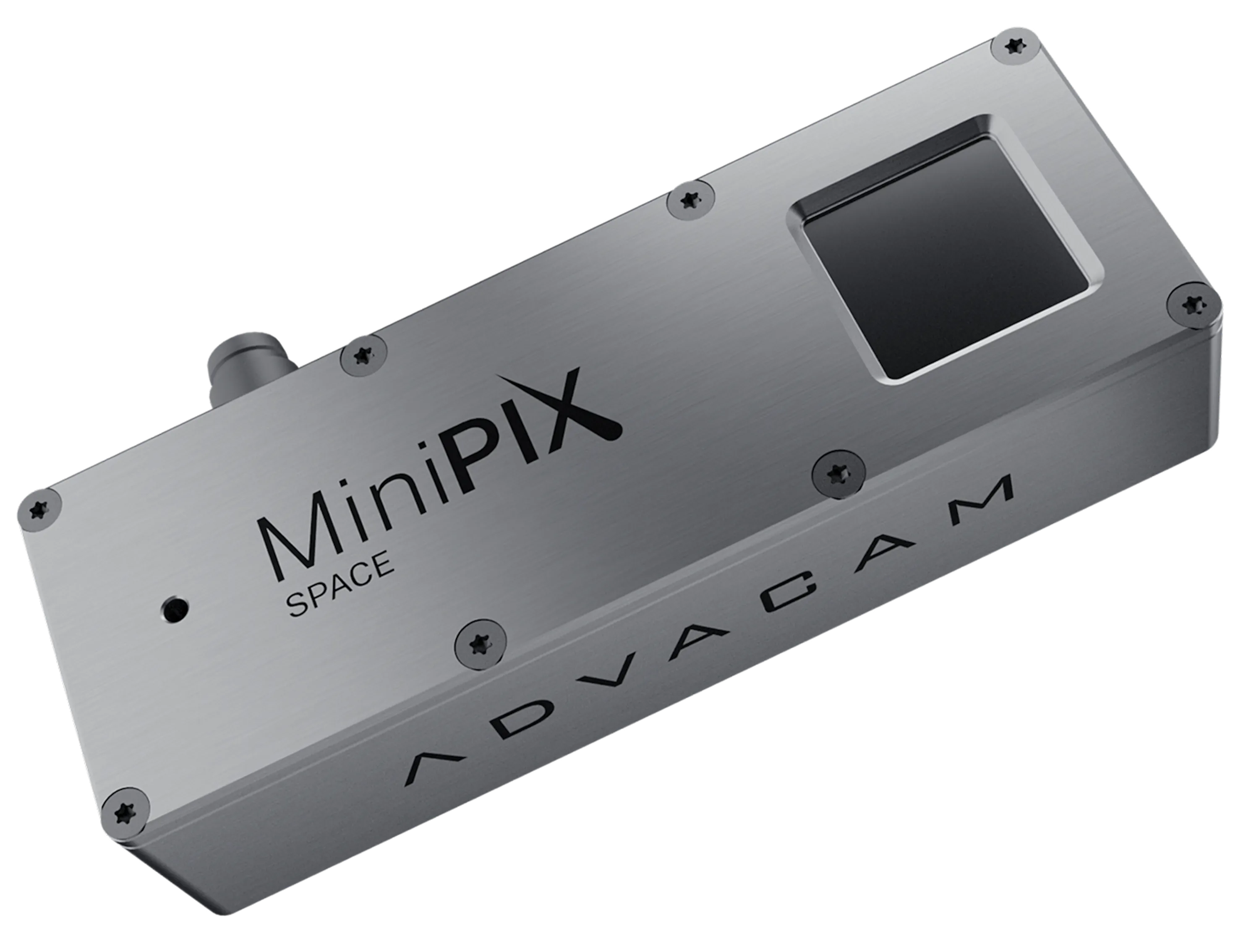 Silver MiniPIX Space rectangular device with ADVACAM branding, featuring a small motorized aperture and multiple screws on top.