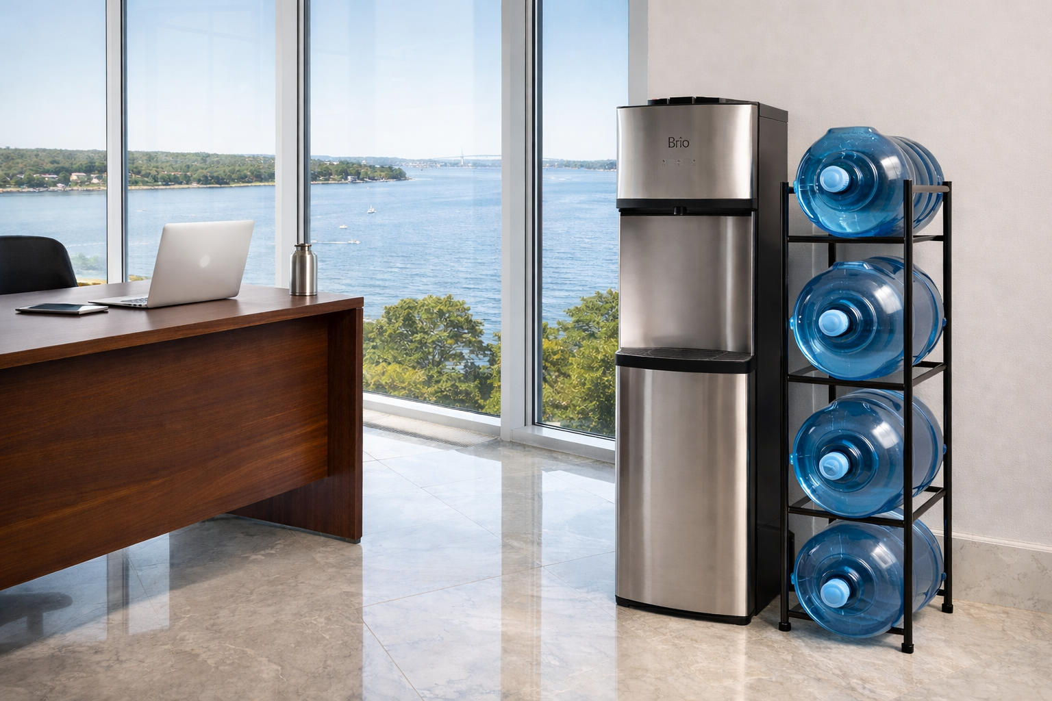 Ocean State Water Delivery โ Brio dispenser and 5-gallon water bottles with Rhode Island waterfront view