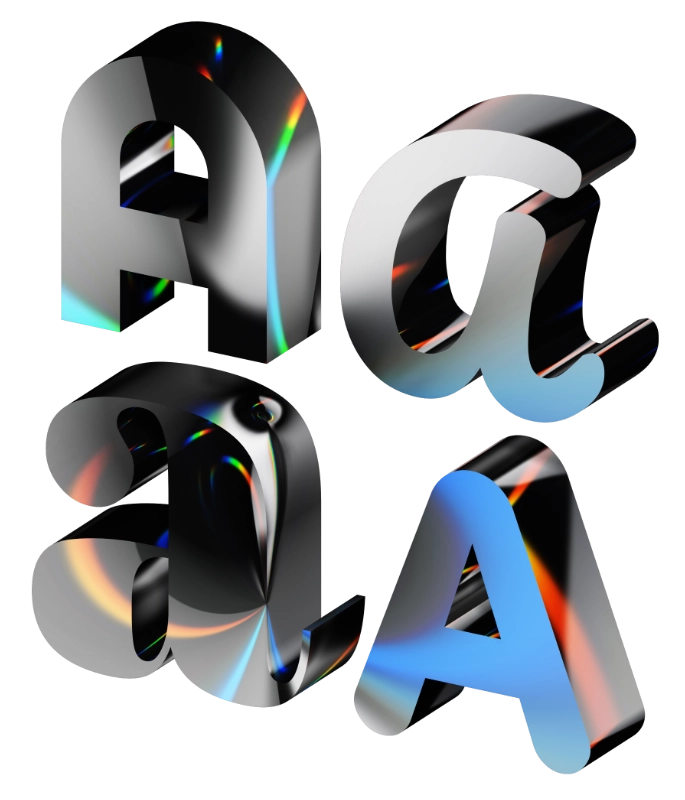 3D glossy letters A, i, a, A with black, blue, orange, and rainbow reflections on a transparent background.