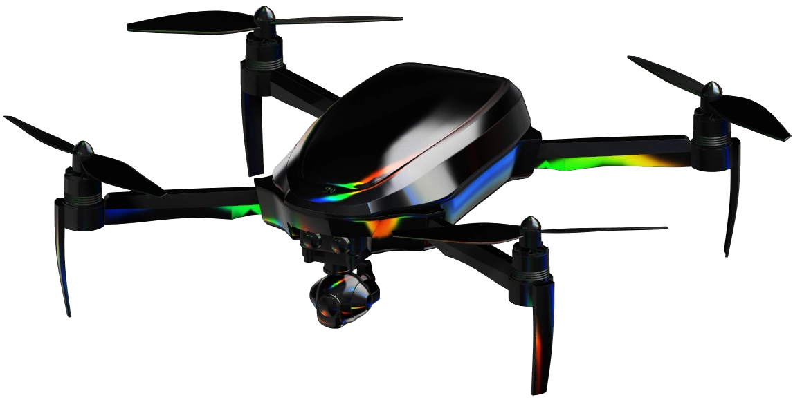 Sleek black quadcopter drone with four propellers and a mounted camera underneath.