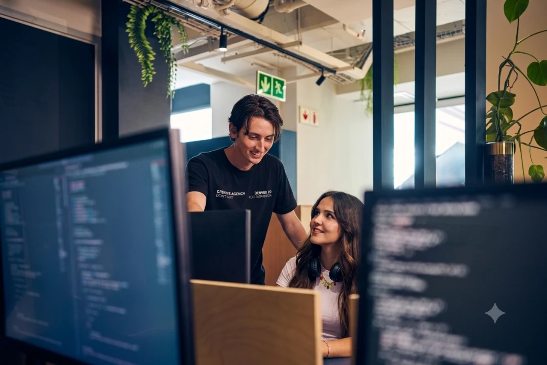 Two programmers working together in an office with computer screens showing code.