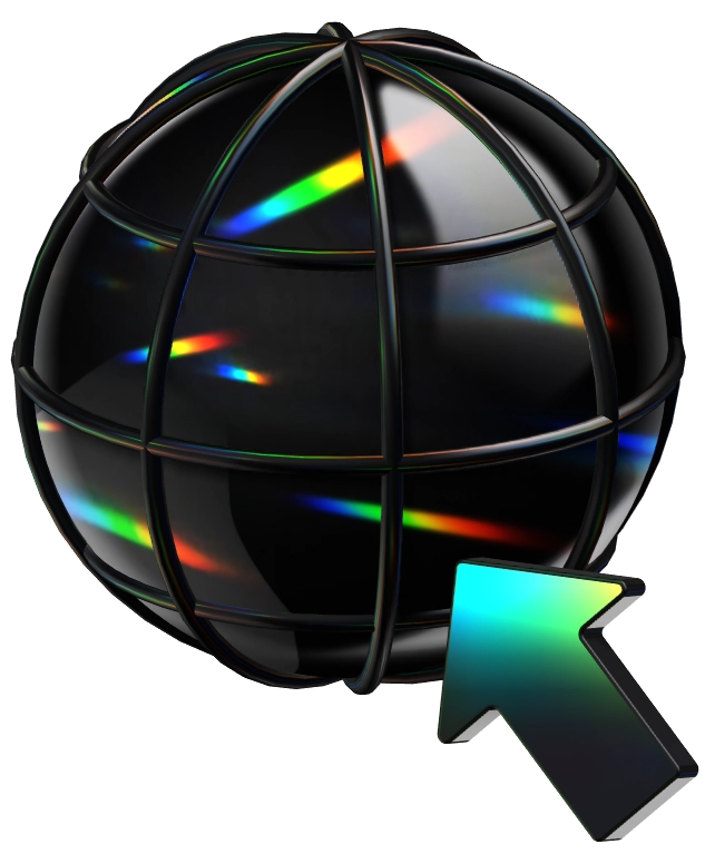 Black 3D globe with metallic lines and a glowing teal arrow pointing up and right.