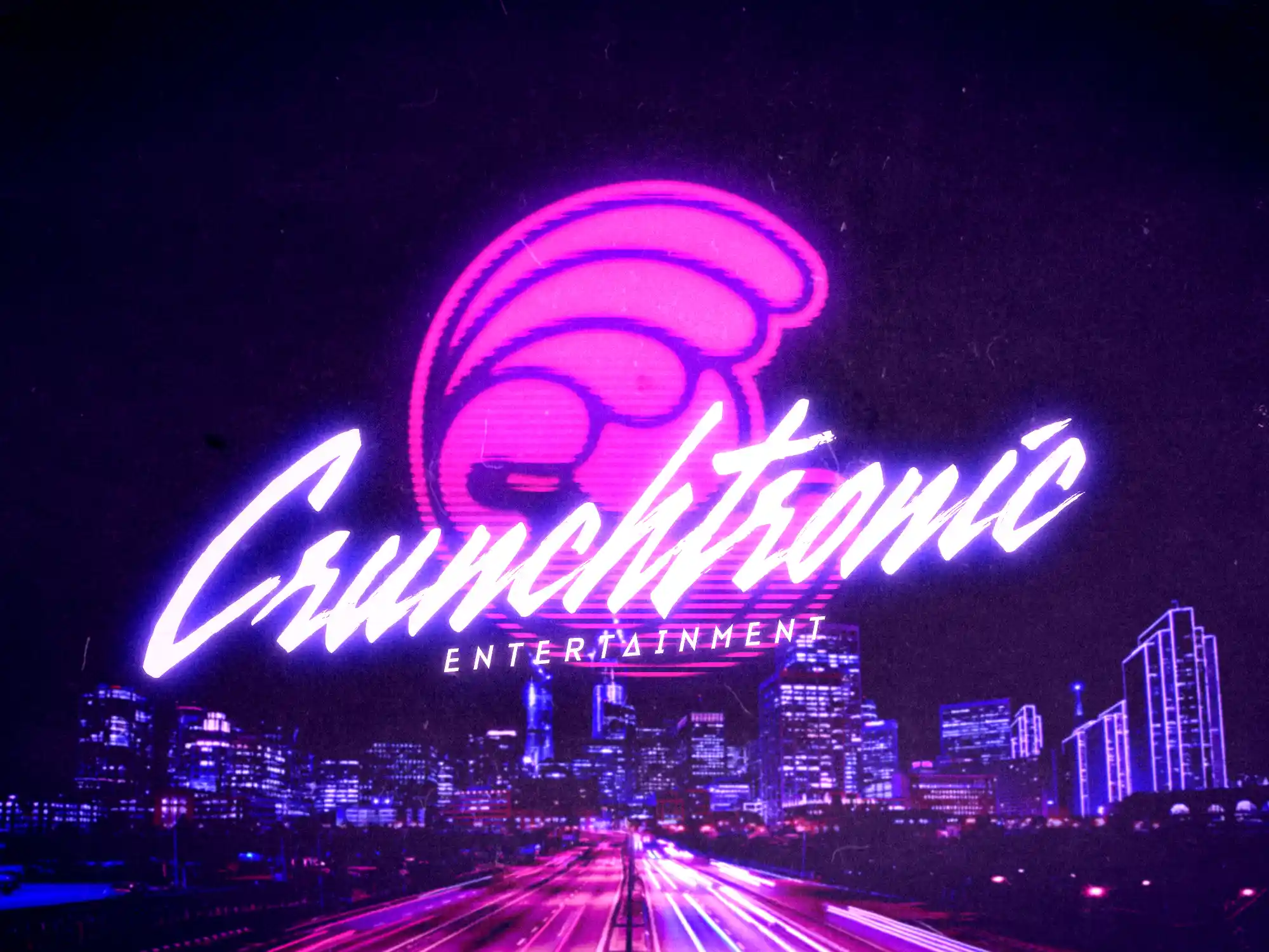 Neon pink Crunchtronic Entertainment logo over a city skyline with glowing highways at night.