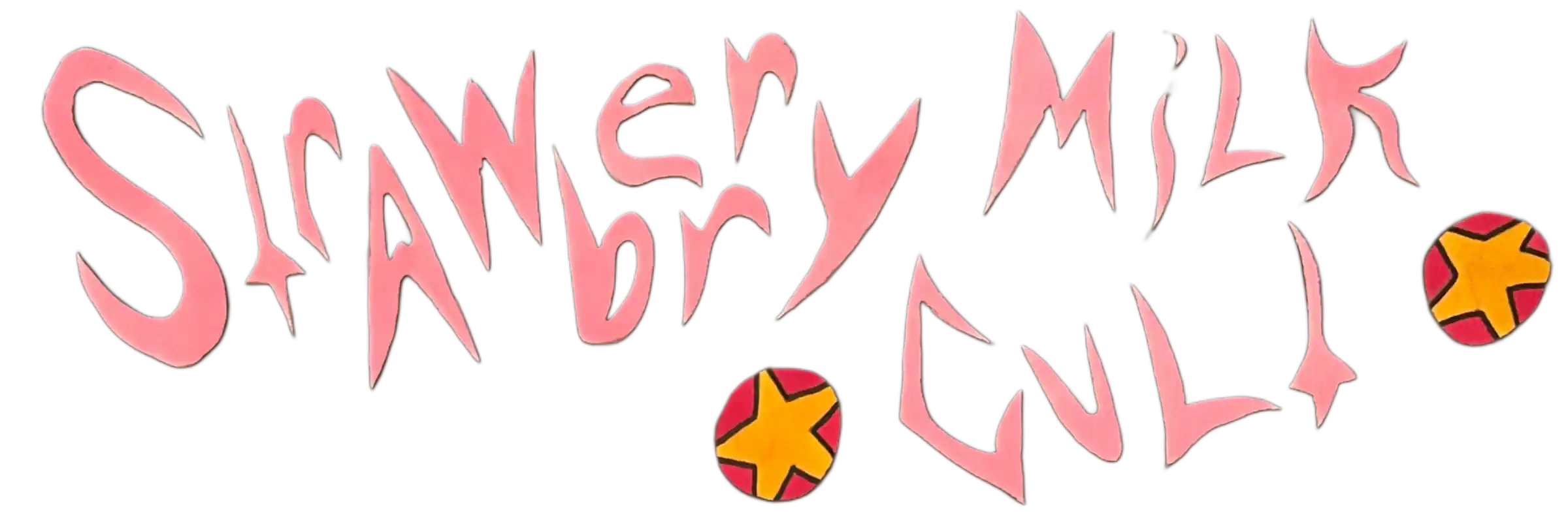 Stylized, jagged pink lettering on black background reads 'Strawberry Milk Girl' with two circular icons featuring yellow stars on red backgrounds.
