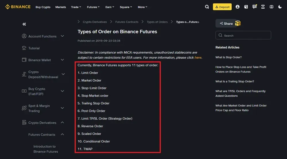 أنواعFutures التداول في Binance Futures وأوامر الإيقاف