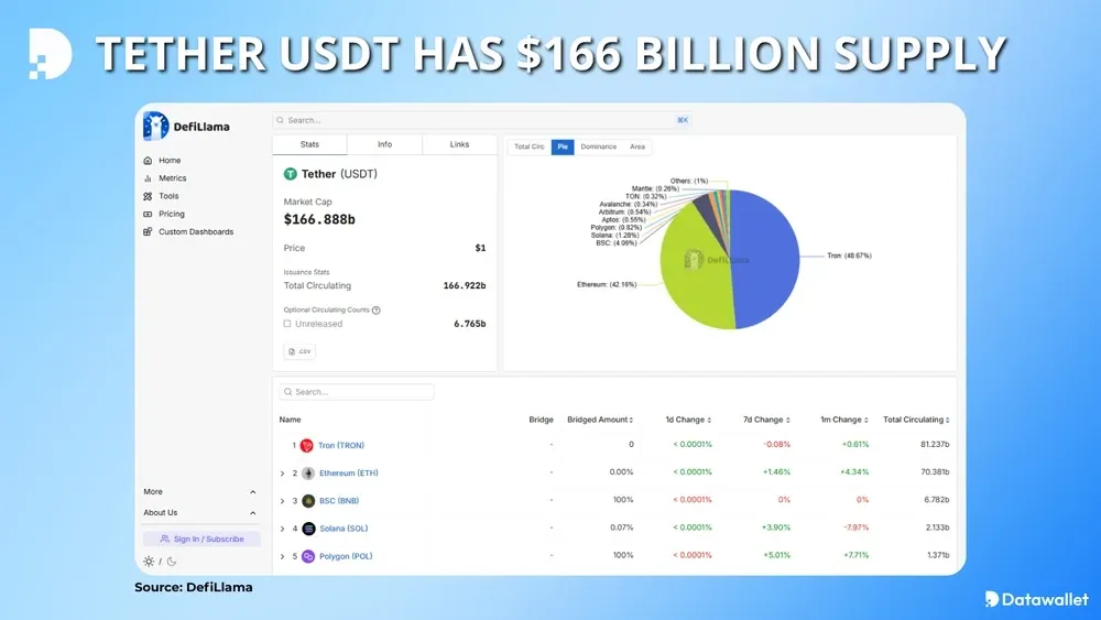 El suministro Tether USDT 166 000 millones de dólares