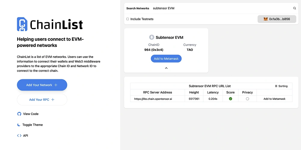 Aggiungi Bittensor EVM  MetaMask