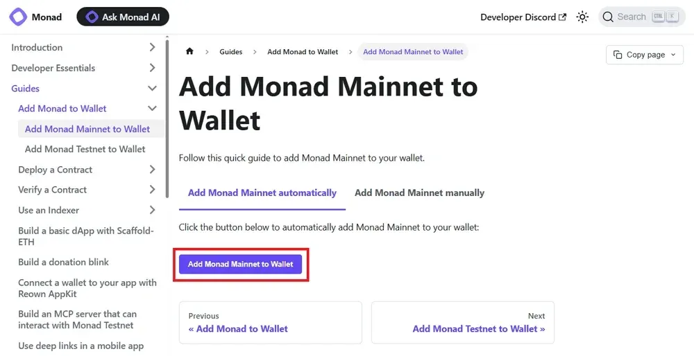 Aggiungi Monad MetaMask