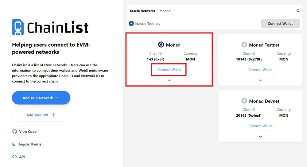 Aggiungi Monad MetaMask ChainList
