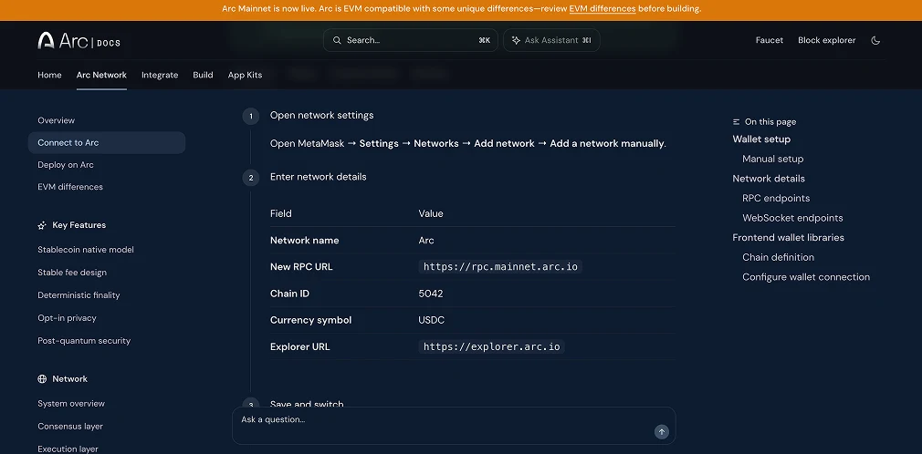 RPC et Chain ID du mainnet Arc